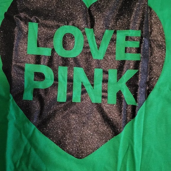 Victoria's Secret LOVE PINK Green St PATRICK'S DAY Black Glitter Heart T-SHIRT L - Picture 10 of 12